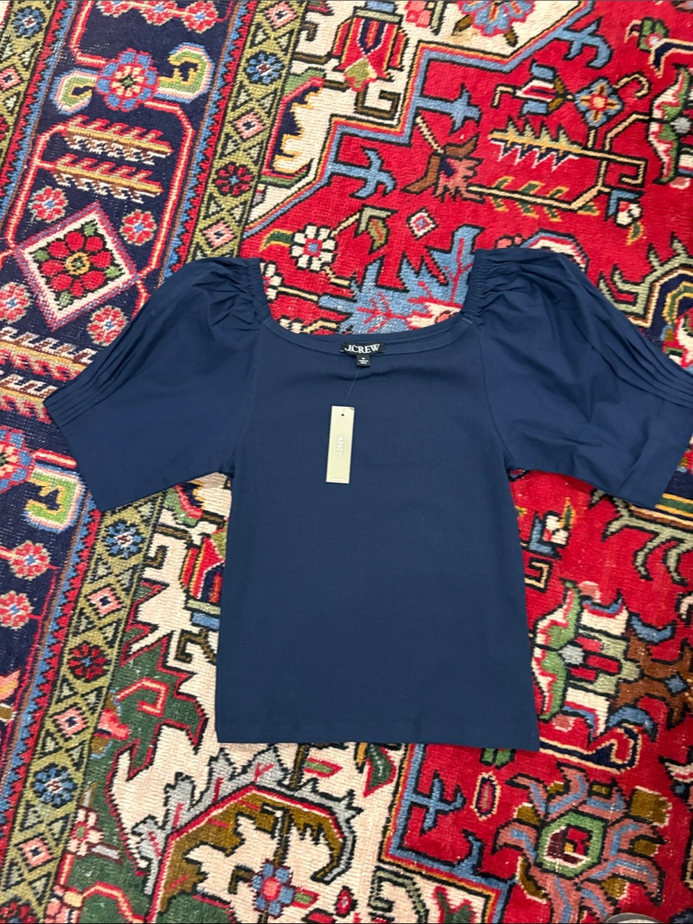 J. Crew NWT navy vintage rib top with cotton poplin puff sleeves size Medium